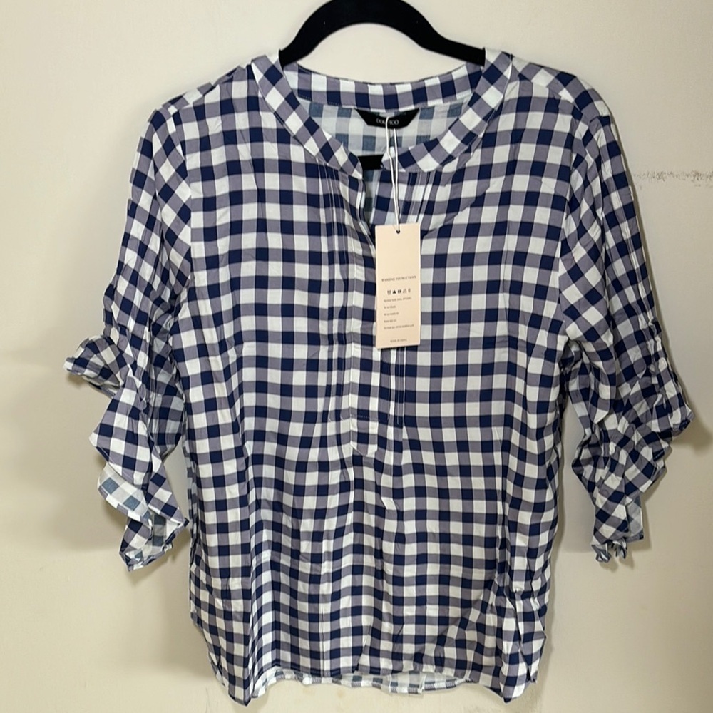 NWT-Navy Blue and White Flutter Sleeve Blouse with Mandarin Collar